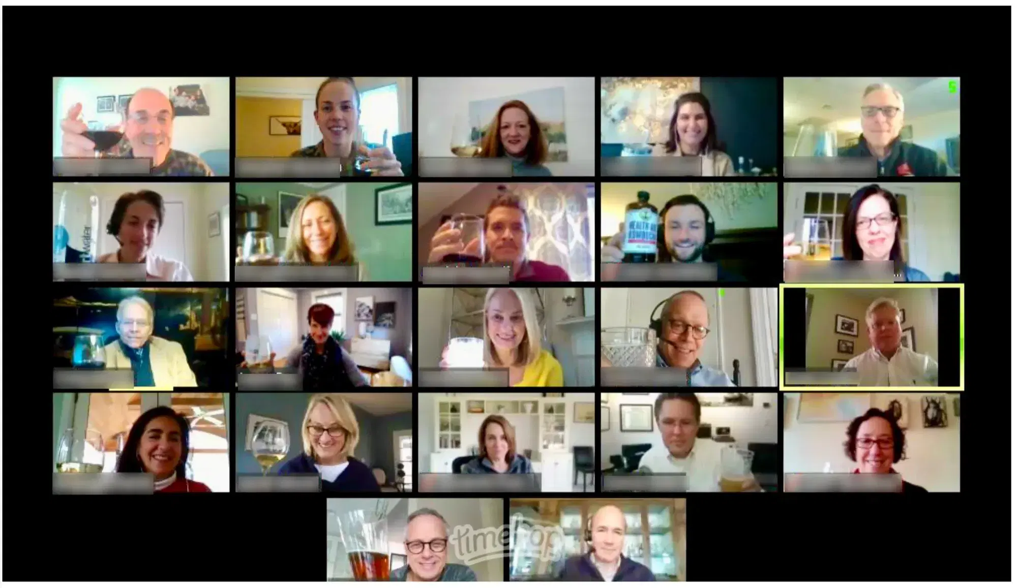 A large virtual team on a video call grid — lessons on leading virtually from Boston executive leadership coach and headshot photographer Damon Bates